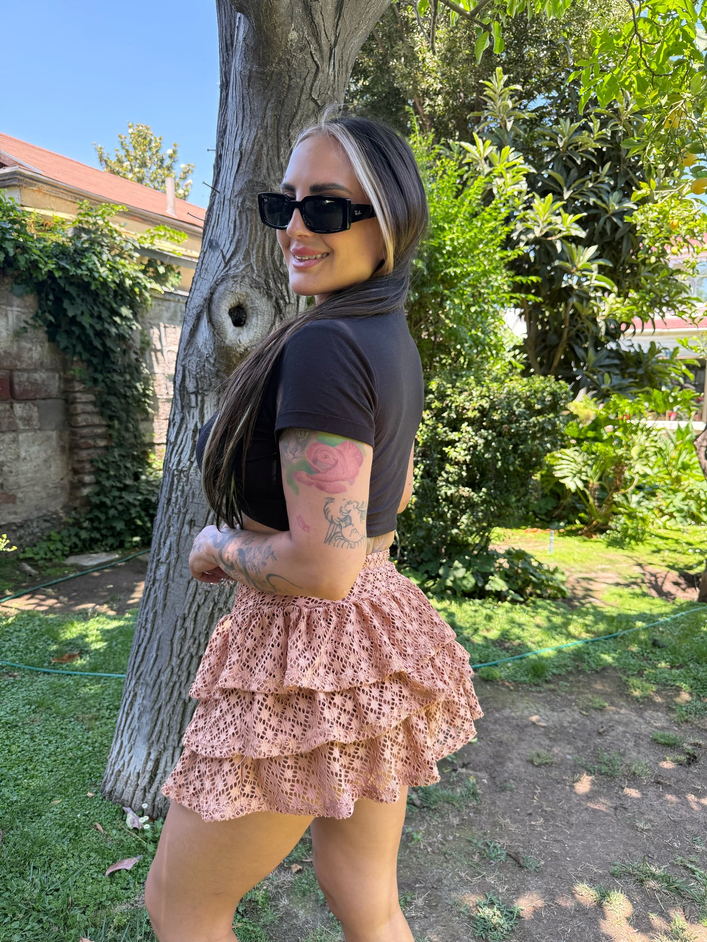 Falda Short Encaje - Café Claro