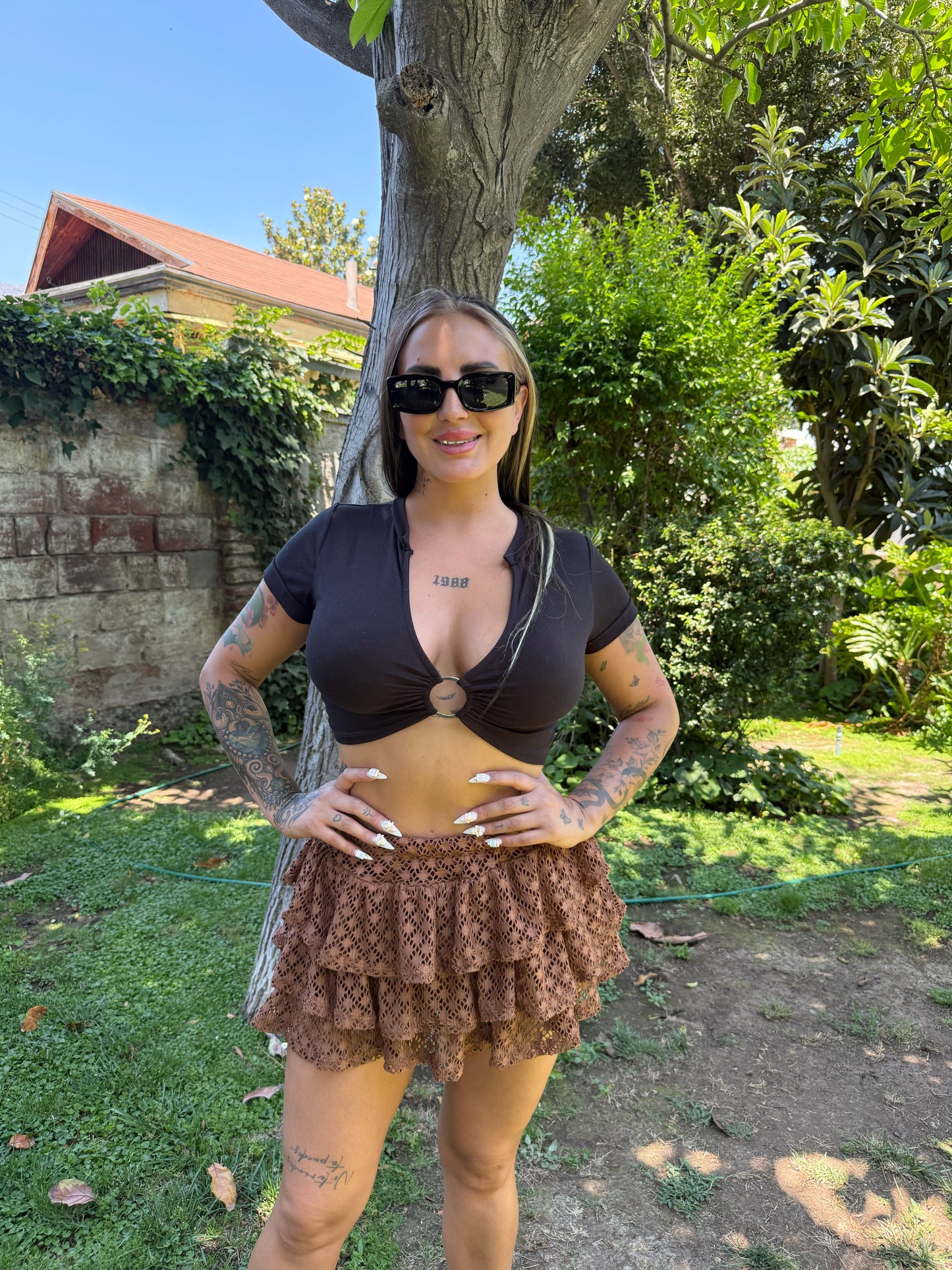 Falda Short Encaje - Café Oscuro