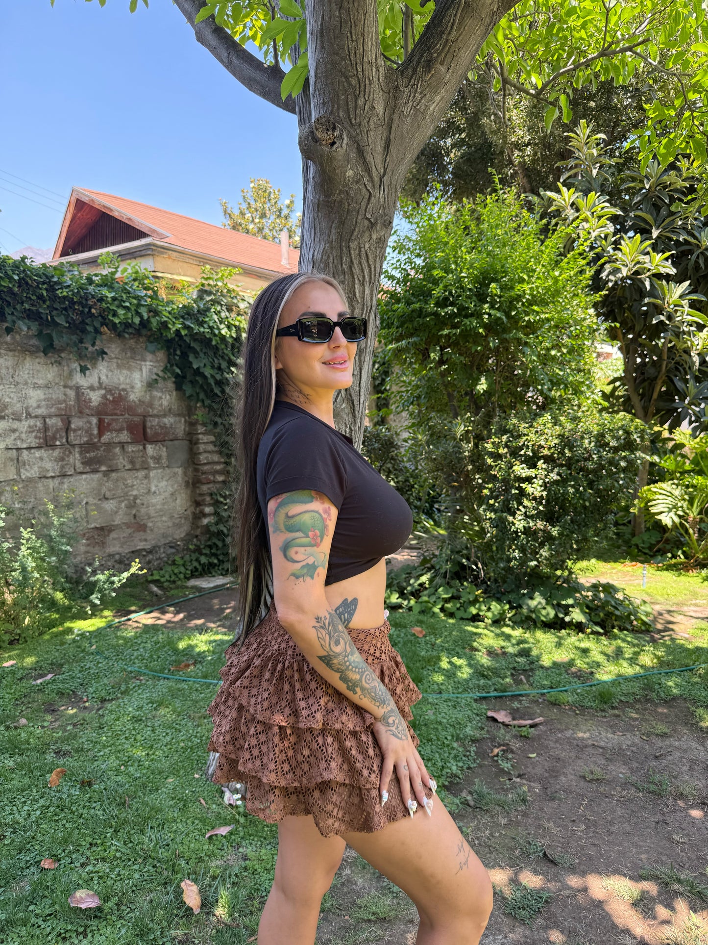 Falda Short Encaje - Café Oscuro